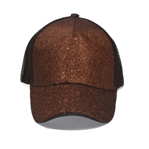 Sparkly sequined ponytail baseball cap with breathable mesh back in coffee brown color