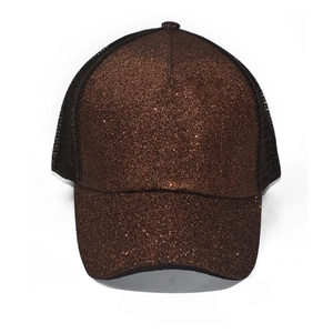 Close-up of brown sequins and black breathable mesh on this glitter trucker baseball cap