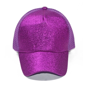 Detail of purple sequin trucker hat showing glitter texture and breathable mesh back