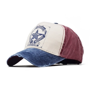 Vintage cotton baseball cap with three-color patchwork and distressed brim detailing