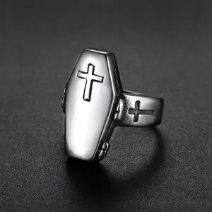 Gothic Coffin Cross Ring Stainless Steel Retro Punk Jewelry For Men Women Silver Tone