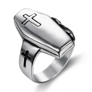 Vintage punk stainless steel coffin ring with embossed cross design in silver finish