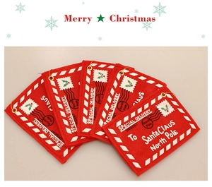 Set of five red felt Christmas envelope ornaments with Santa Claus mailing address text