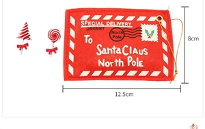 Detailed view of red felt Christmas envelope with 12.5x8cm size and Santa Claus text