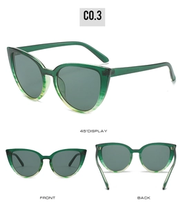 Detailed views of vintage cat eye sunglasses in green gradient finish from multiple angles