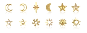 Set of 12 gold-tone metal alloy nail art studs featuring moon, star and sun patterns