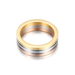 Minimalist three-tone stainless steel ring in gold, silver, and rose gold finish