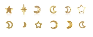 Macro detail of 12-piece gold star and moon nail studs in polished and matte finishes