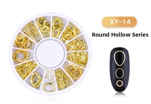 Detail of gold circular hollow nail art rivets in a 12-grid storage wheel with demo tip