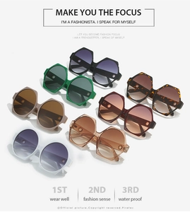 Detail of irregular hexagonal sunglasses with gradient lenses in multiple colors