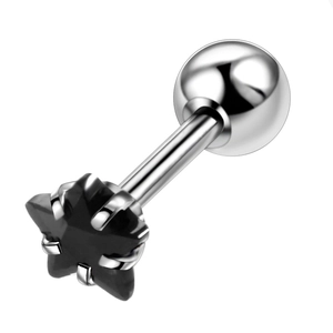 Macro detail of stainless steel ear stud featuring a black star-shaped cubic zirconia stone
