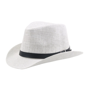Close-up of breathable white woven straw hat texture with elegant black ribbon band