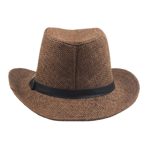 Classic brown woven straw fedora with a wide brim and black decorative band for sun protection