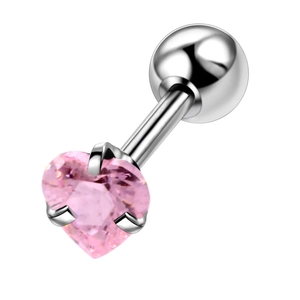 Dettaglio dell'orecchino a lobo con zircone rosa a cuore e chiusura a sfera in acciaio