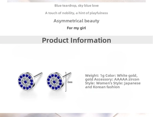 Macro detail of 6mm Evil Eye stud earrings featuring blue and white AAAAA cubic zirconia