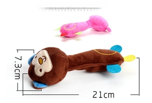 Detail showing plush pet toys with length 21cm and width 7.3cm on white background