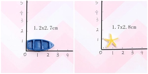 Miniature resin blue boat and yellow starfish charms with precise size measurements