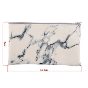 Detail showing marble pattern makeup bag with size measurements 21.5cm by 12cm