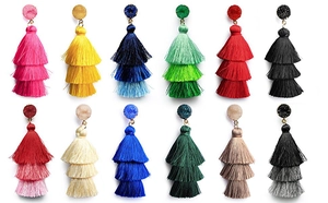Detailed grid view of 12 multi-colored triple-tier tassel earrings with gemstone studs