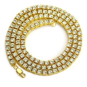 Close-up of gold-plated tennis necklace with round clear diamonds and lobster clasp