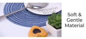 Detail of round blue and white ramie placemat with spiral weave and gentle material