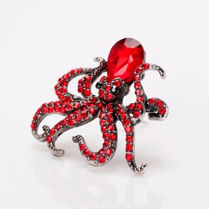 Exquisite red octopus brooch with crystal head and rhinestones on silver metal base