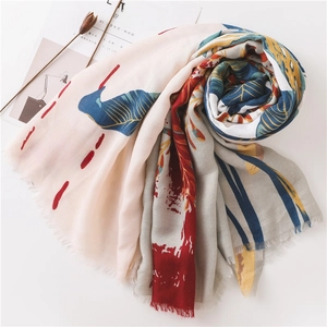 Linen cotton scarf with abstract plant prints and tassel edges for summer sun protection