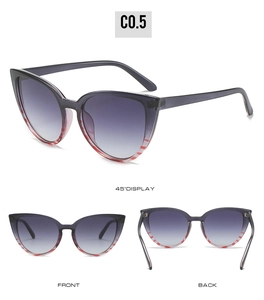 Three-angle view of vintage cat-eye sunglasses with purple gradient lenses and striped frame