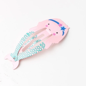 Pink mermaid shaped metal BB hair clip with cute cartoon face for girls and kids