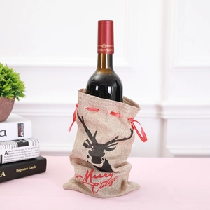 Christmas elk linen wine bottle bag with red drawstring and Merry Christmas print