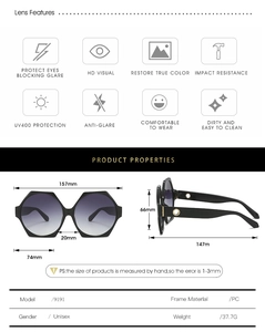 Detailed size specifications and UV400 features of hexagonal oversized PC sunglasses