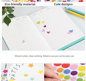 Detail of colorful heart and star paper stickers with easy-to-peel pre-cut design