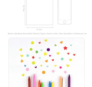Close-up of rainbow decorative stickers showing star and heart shapes on 6 sheets