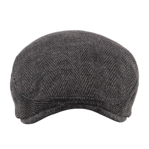 Men's dark grey newsboy cap featuring classic herringbone wool pattern and curved brim