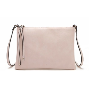 Detailed view of pink PU leather crossbody envelope bag with black edge finish and tassel