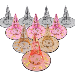 Detailed view of colorful translucent mesh witch hats with gold foil Halloween patterns