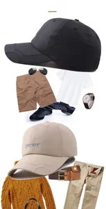 Flat lay of black and beige quick-dry baseball caps with SPORT embroidery and casual clothes
