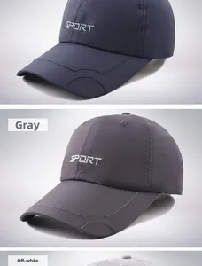Close-up of SPORT embroidery on quick-dry baseball caps in navy, grey and beige