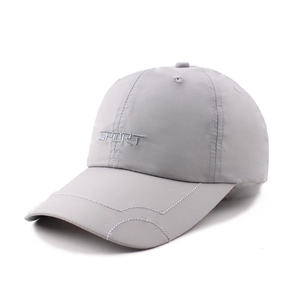 Close-up of light grey waterproof baseball cap with grey SPORT embroidery and dual stitching