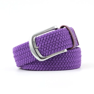 Ceinture tressée élastique violette avec boucle en métal argenté et cuir brun