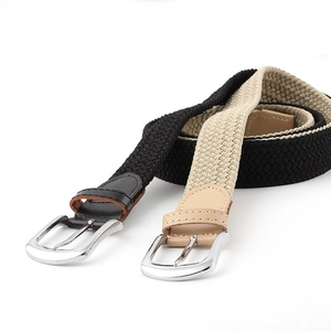Unisex elastic woven belt with metal pin buckle and leather accents in black and beige