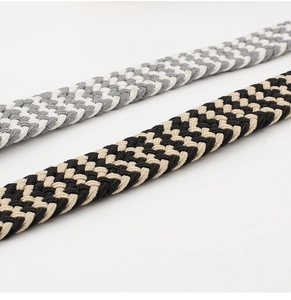 Detailed view of elastic woven belts showing gray-white and black-khaki braided textures