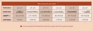 Size chart showing women leather belt length mapping for waist sizes 60cm to 96cm