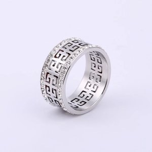 Silver geometric hollow ring with double row of diamonds and classic Great Wall pattern
