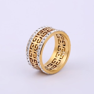 Gold titanium steel ring featuring double row diamonds and geometric Greek key pattern