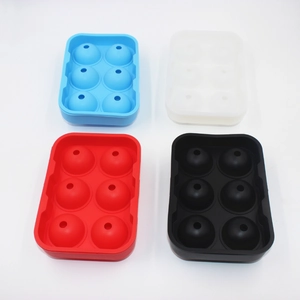 Set of four silicone ice ball molds in blue, white, red, and black with six-sphere design