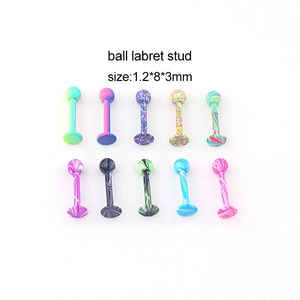 Set of 10 colorful marbled stainless steel lip and cartilage studs in 1.2x8x3mm size