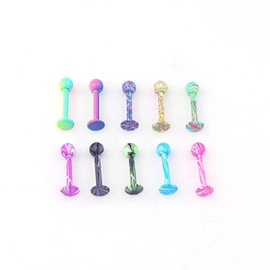 Set of 10 colorful water-patterned ball stud lip and cartilage rings in stainless steel