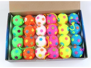 Detail of small assorted colorful soccer ball toys in a bulk cardboard display box
