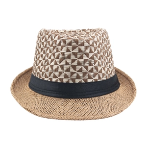 Men's summer straw jazz hat with two-tone weave, black ribbon, and curved brim for sun protection